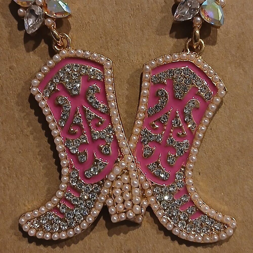 137- Pink Enamel and Rhinestone Western Cowboy Boot Dangle Earrings